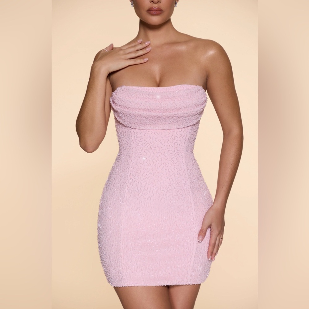 Oh Polly Basel Embellished Strapless Cowl Neck Mini Dress - Blush - Picture 4 of 9